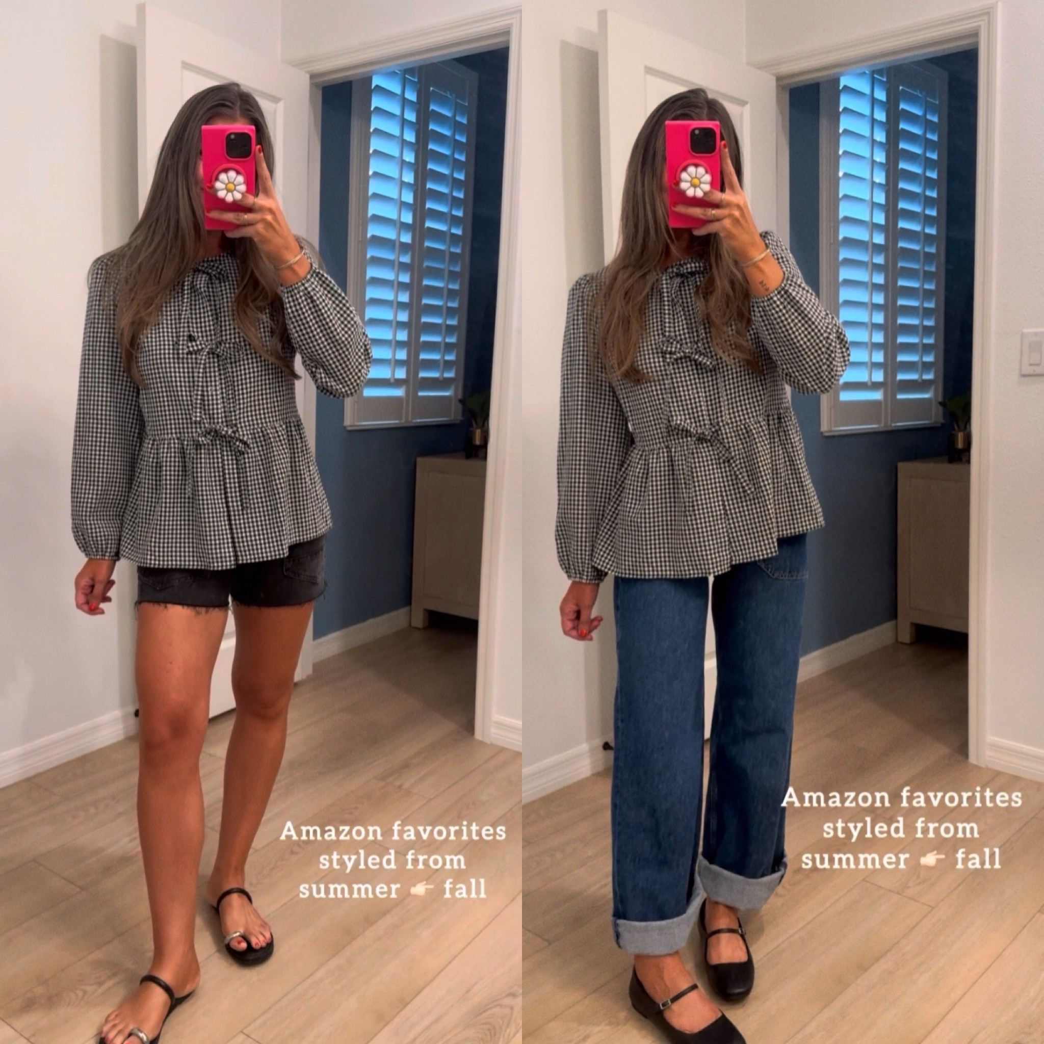 Size down in bottoms! I did 25 shorts (down one) // 24 jeans (down 2!). Small top. Amazon summer to fall outfit idea 