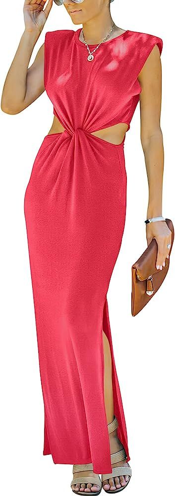 Prinbara Womens Side Cutout Padded Shoulder Summer Long Bodycon Dress Sleeveless Slit Club Party Max | Amazon (US)