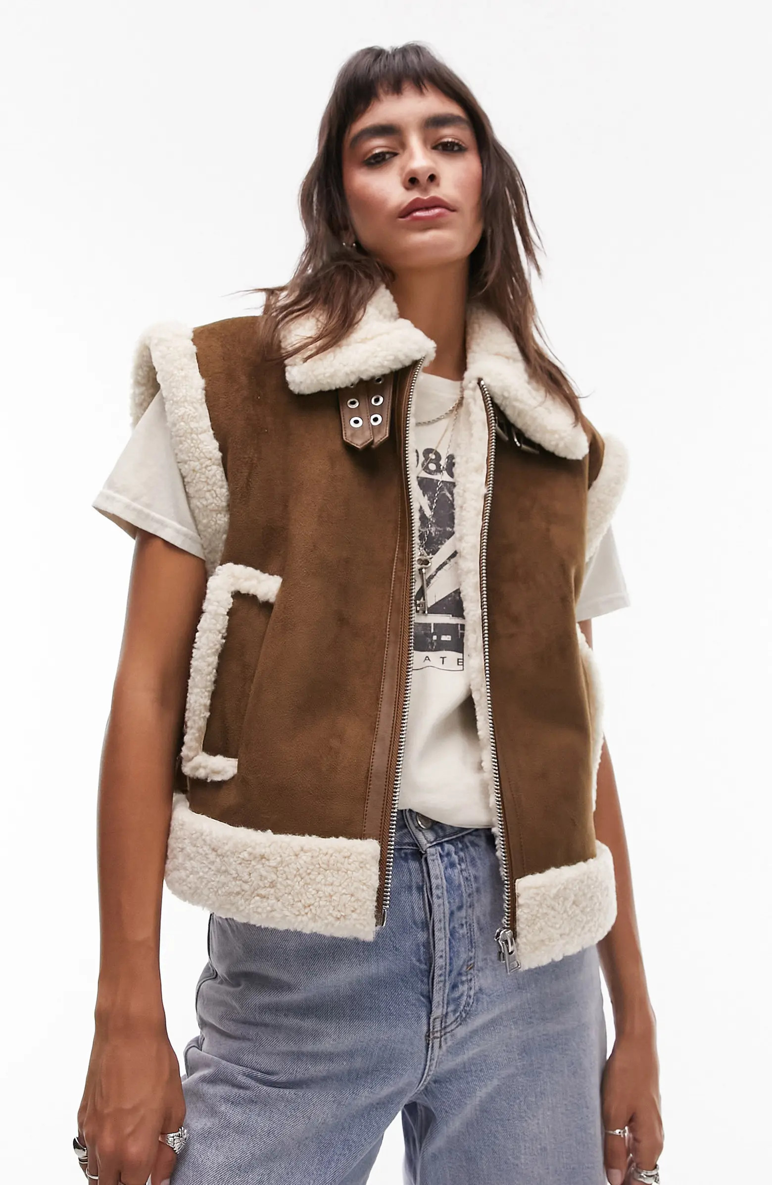 Oversized Faux Shearling Aviator Vest | Nordstrom