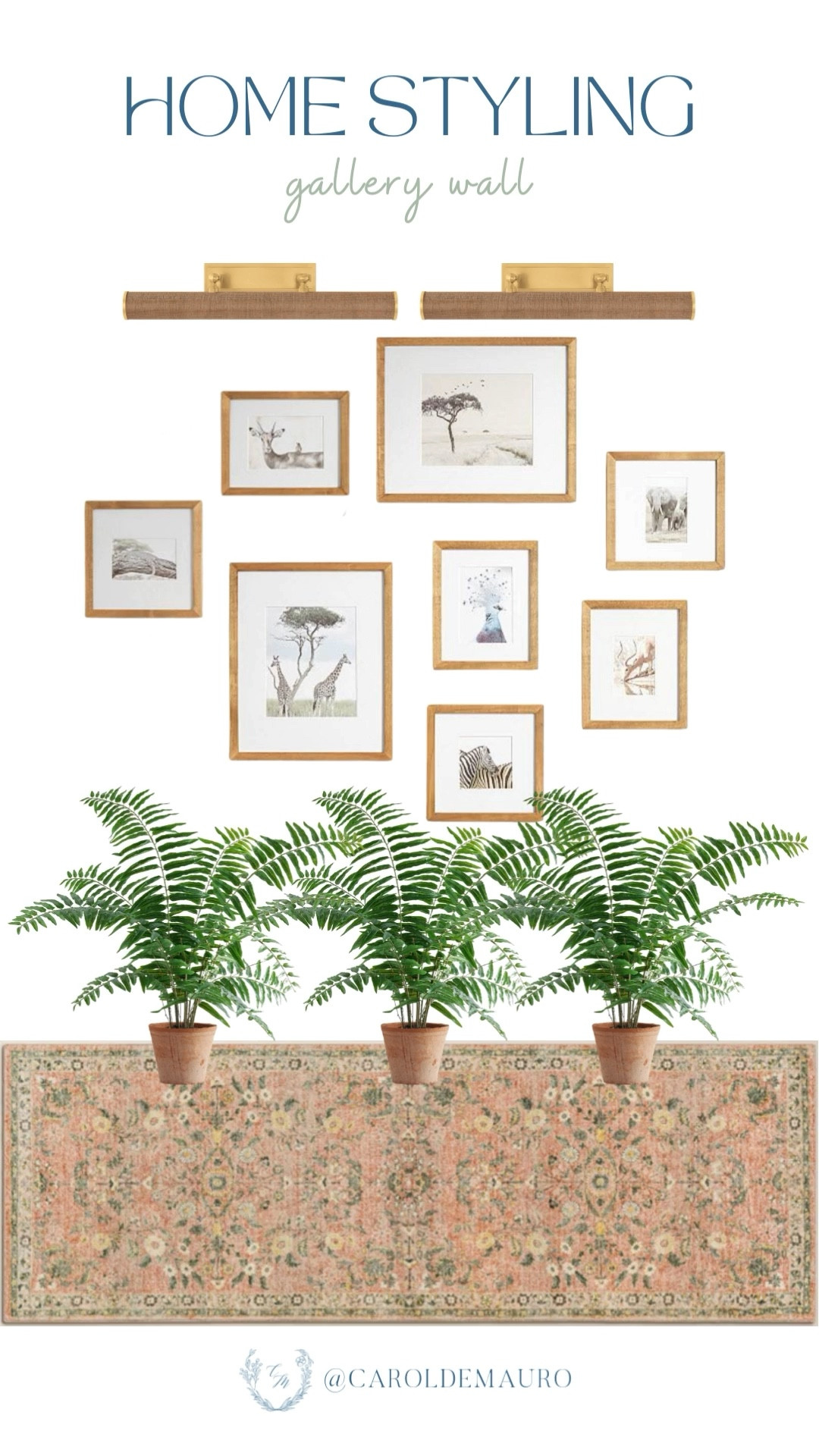 Transform any blank space into a curated masterpiece! Grab these wall picture frames, light sconces, faux plants, and a vintage rug to achieve it. 

home styling, gallery wall, decor inspo, wall inspo, interior styling, classic style, home design, brass details

#LTKSeasonal #LTKU #LTKHome