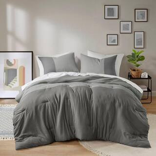 Miro 2-Piece Grey Microfiber Twin/Twin XL Soft Washed Color Block Comforter Set | The Home Depot