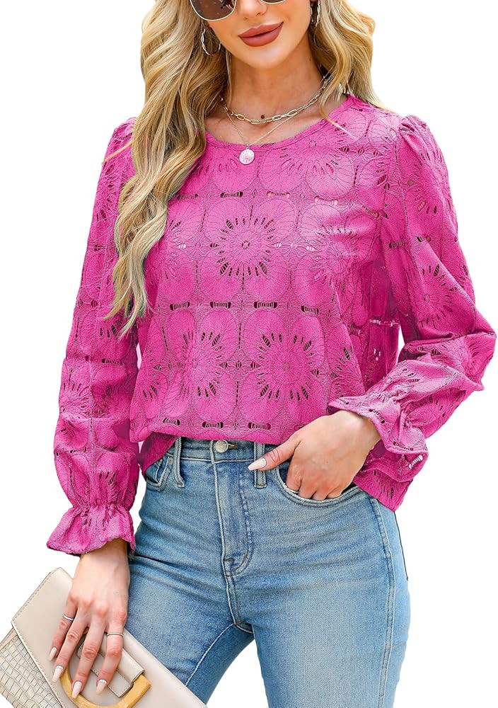 CUPSHE Women Eyelet Long Sleeve Tops Shirts Dressy Hollow Out Crochet Lace Embroidered Blouses 20... | Amazon (US)