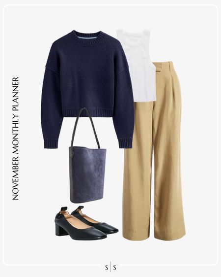 Monthly outfit planner: NOVEMBER Fall and Winter looks | blue crewneck sweater, tan trousers, white high neck tank, black cap toe heel, bucket bag 

See the entire calendar on thesarahstories.com ✨

#LTKworkwear #LTKstyletip