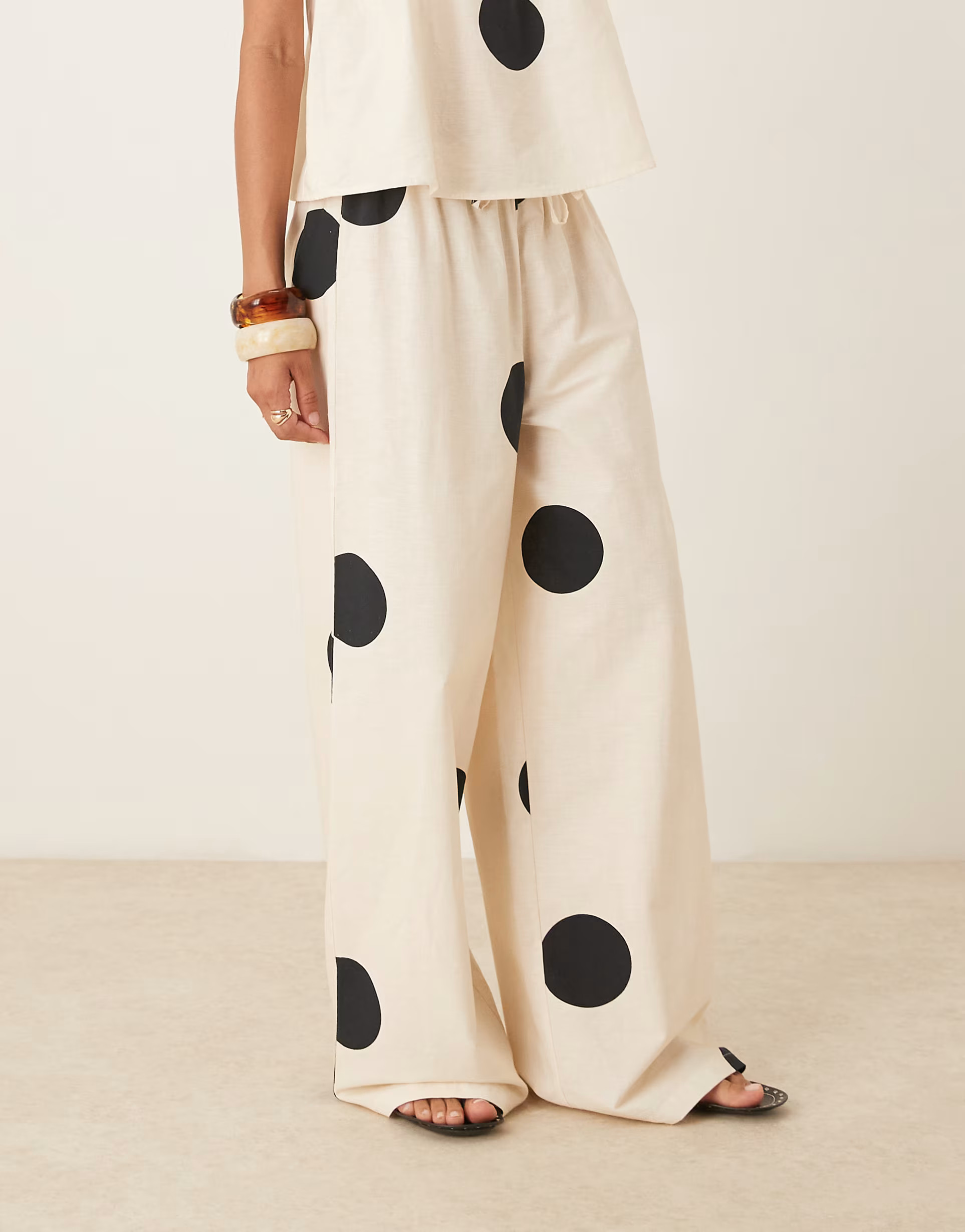 ASOS DESIGN linen blend pull on trouser in cream polka dot co ord | ASOS (Global)