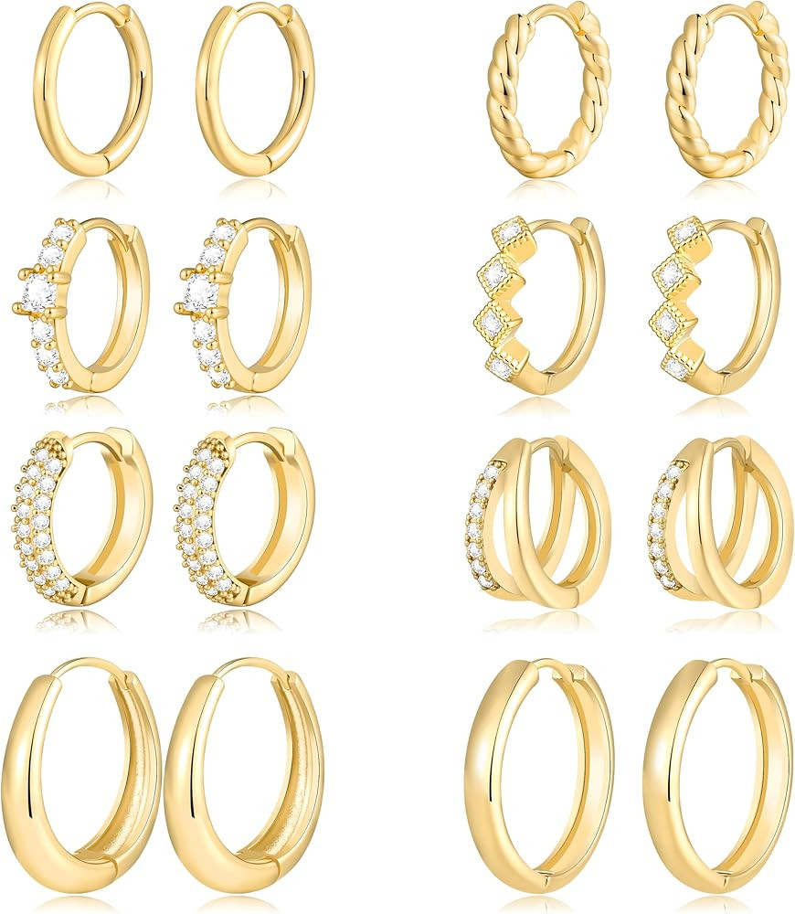 8 Pairs Small Gold Huggie Hoop Earrings Set for Women, 14K Gold Plated Hypoallergenic Lightweight... | Amazon (US)