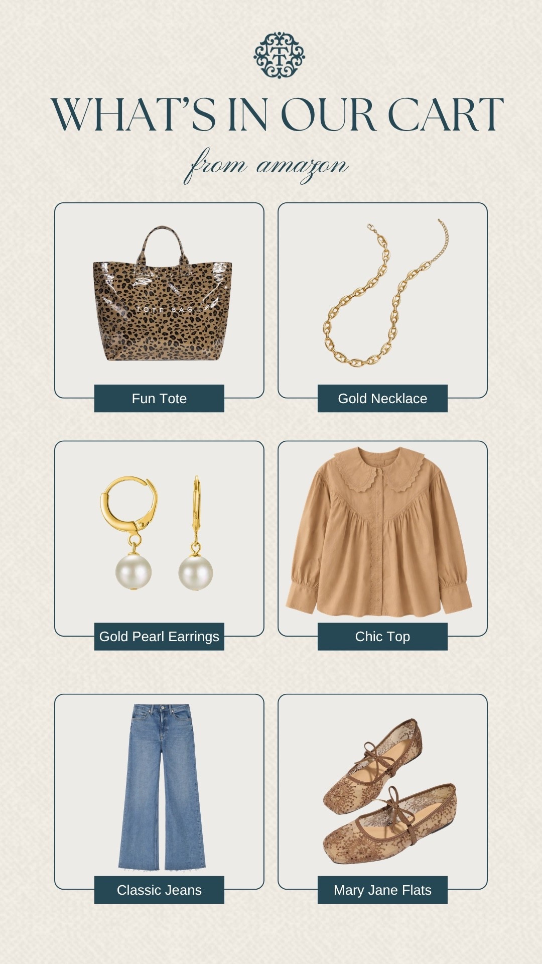 Here is what is in our Amazon cart! A fun mix of browns and gold jewelry are simple everyday pieces! A statement tote bag and mary jane flats are a bold addition to any outfit!

#LTKOver40 #LTKMidsize #LTKSeasonal