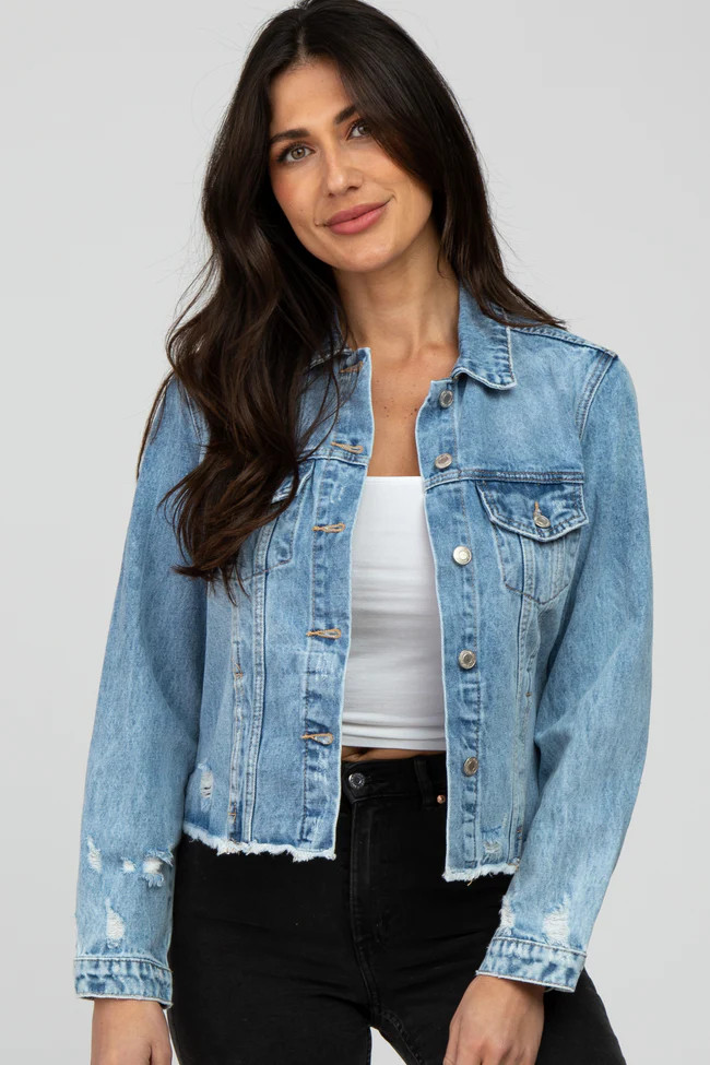 Blue Distressed Cropped Denim Jacket | PinkBlush Maternity