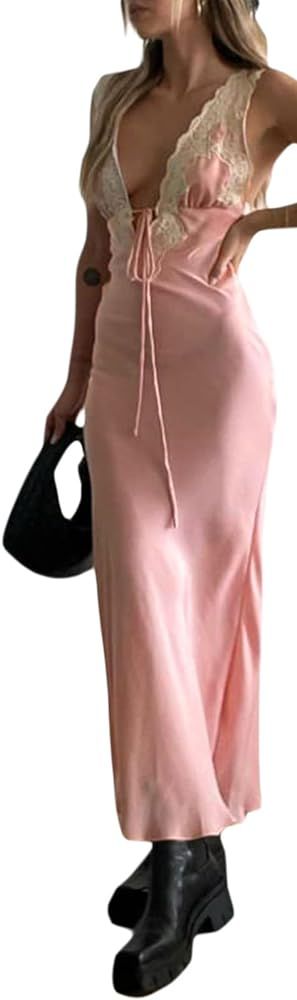 Women Y2k Floral Print Spaghetti Strap Backless Dress Long Bodycon Split Cami Dress Sleeveless Ho... | Amazon (US)