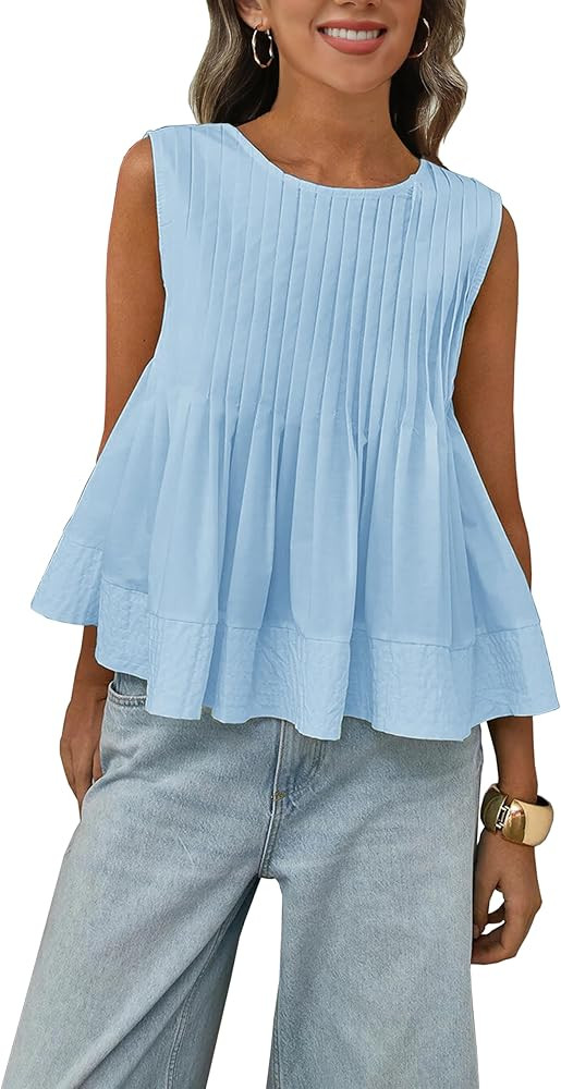 Womens Summer Pleated Peplum Sleeveless Blouse Tank Tops Round Neck Y2K Babydoll Blouse Shirt | Amazon (US)