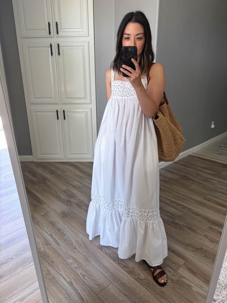 J.crew white dress with embroidered details. This is after a wash and it’s a little
Long with flat sandals. Has pockets. Barely touches the skin, so great for warm weather. Can size down. Sandals run tts  

#LTKShoeCrush #LTKItBag