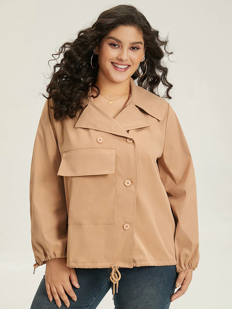 Lapel Collar Drawstring Pocket Button Detail Coat | Bloomchic