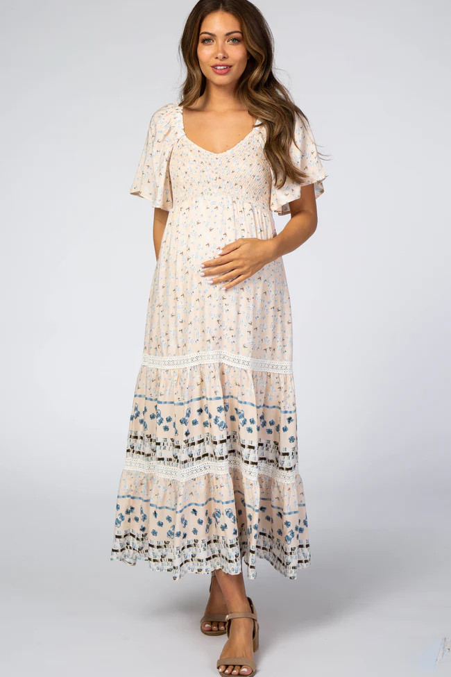Light Pink Printed Smocked Maternity Midi Dress | PinkBlush Maternity