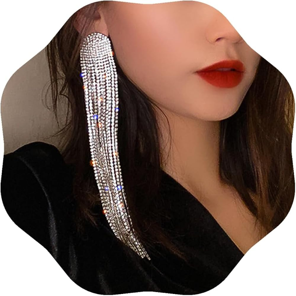 Long Rhinestones Tassel Earrings Crystal Chandelier Tassel Long Big Statement Chain Dangle Drop E... | Amazon (US)