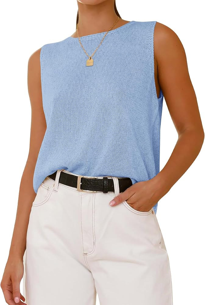 BTFBM Sleeveless Sweater Tops for Women 2026 Crew Neck Lightweight Casual Loose Tank Summer Outfi... | Amazon (US)