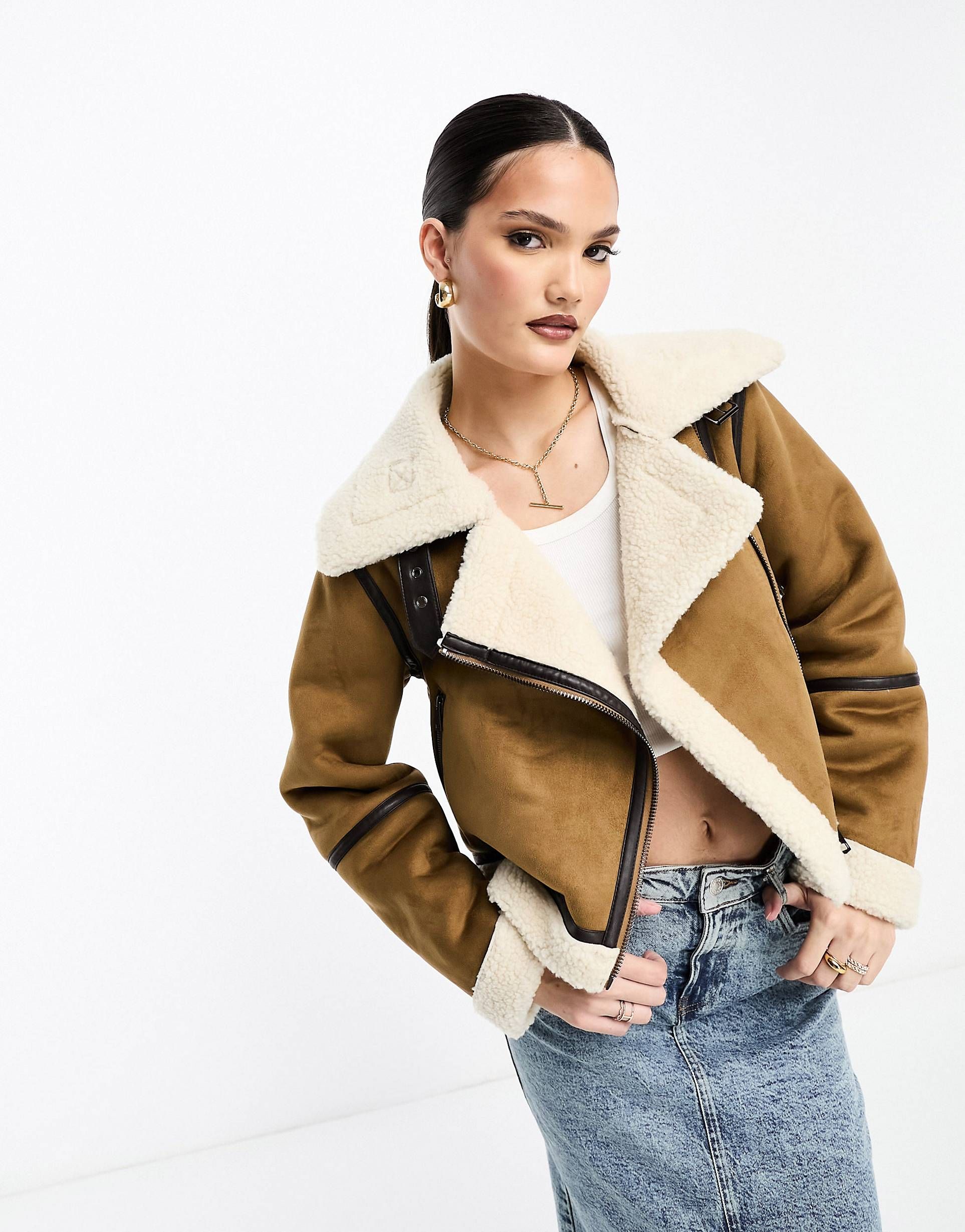 Stradivarius cropped aviator jacket with contrast piping in tan | ASOS (Global)