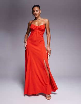 ASOS DESIGN gathered bust strappy cross back midi dress in red | ASOS (Global)
