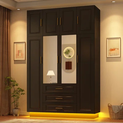 4 Door LED Armoire Wardrobe Closet With Mirror, 90.6'' Wardrobe Armoire With 3 Drawers, Hanging Rod & Cabinet For Bedroom | Wayfair North America