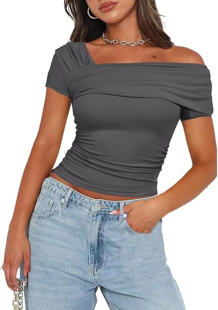 ABINGOO Women Off The Shoulder Short Sleeve Crop Top Sexy Ruched Slim Fit Asymmetrical Neck Y2K T... | Amazon (CA)
