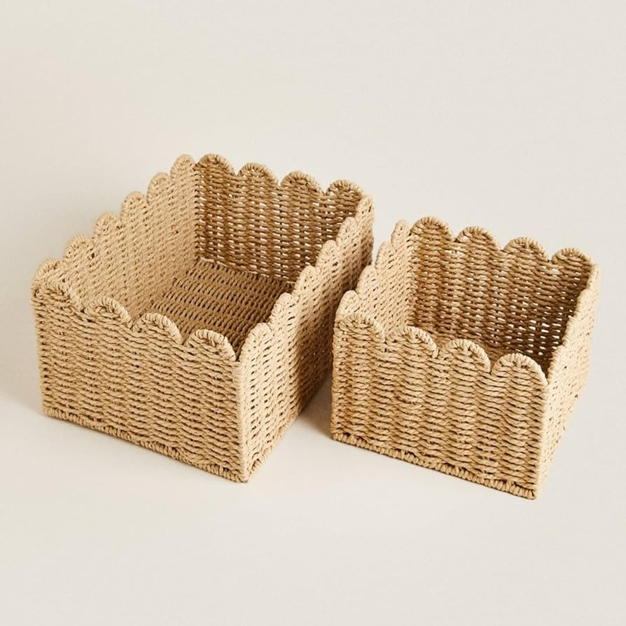 Scalloped Basket，Wicker Storage Baskets for Shelves，Woven Basket,Rope Basket,Beach Basket（M... | Amazon (US)