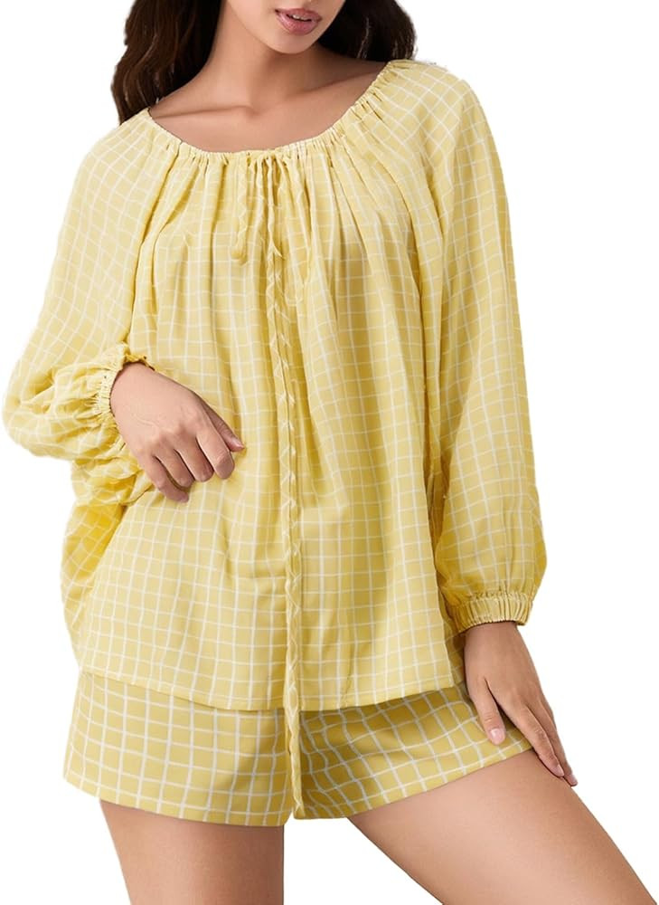 Awoscut Yellow Checkered Two Piece Sets for Women Summer Wide Rounded Neck Puff Sleeve Top and Sh... | Amazon (US)