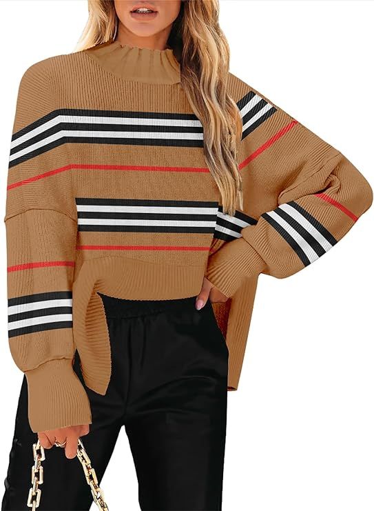 ETCYY NEW Women's Turtleneck Long Sleeve Striped 2023 Fall Oversized Loose Soft Knit Side Slit Pu... | Amazon (US)