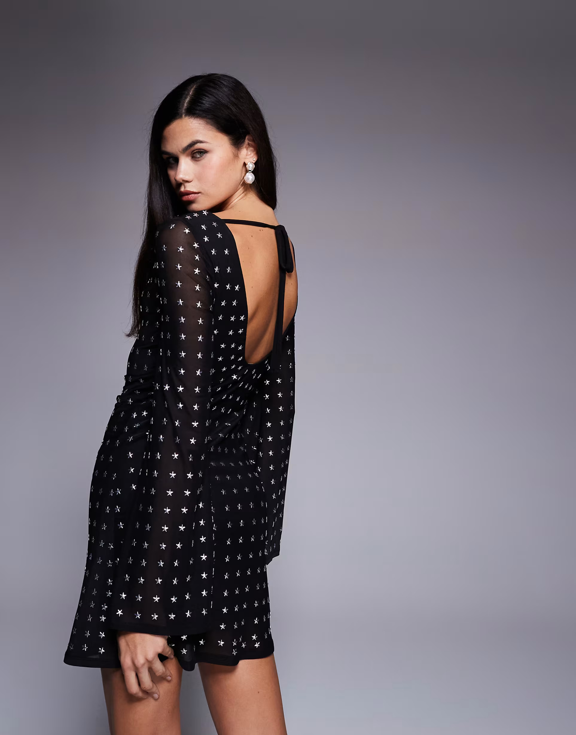 ASOS DESIGN angel sleeve star embellishment mini dress in black | ASOS (Global)