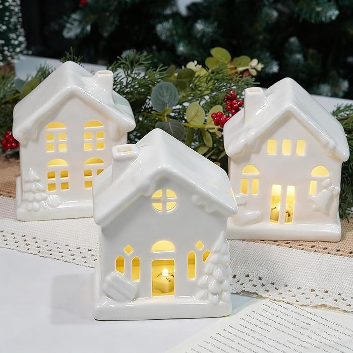 NEROSUN Ceramic Christmas Village Houses, 3Pcs LED Lighted Porcelain White Small House Tabletop F... | Amazon (US)