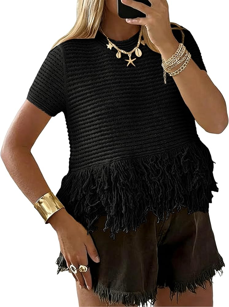 PUWEI Womens Short Sleeve Fringe Tops Crew Neck Boho Crochet Cropped Tops Summer Trendy Knit Swea... | Amazon (US)
