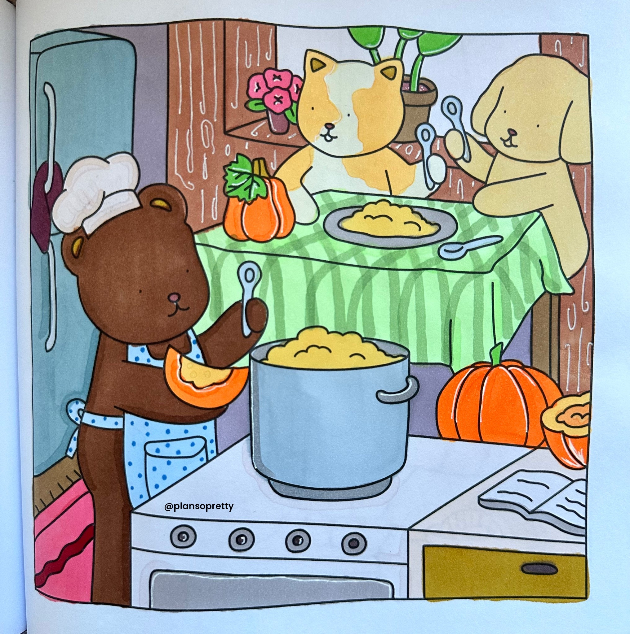 The Cozy Bear and Friends are cooking up a storm! Now I see the pumpkins but can’t tell what it is so I’m going with pumpkin bisque. Book and markers linked in bio and stories #cozybearandfriends #booksbypixie #holidaycoloring #thanksgivingdinner #friendsgiving #arttherapy #cutecoloring #amazonfinds #coloringbookartist #comecolorwithme #cozycolouring #coloringcommunity #coloringwithlove #coloringfun

#LTKfoodie #LTKKids #LTKHoliday