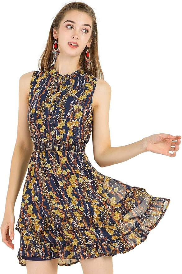 Allegra K Women's Floral A-line Smocked Waist Tiered Ruffled Chiffon Mini Dress | Amazon (US)