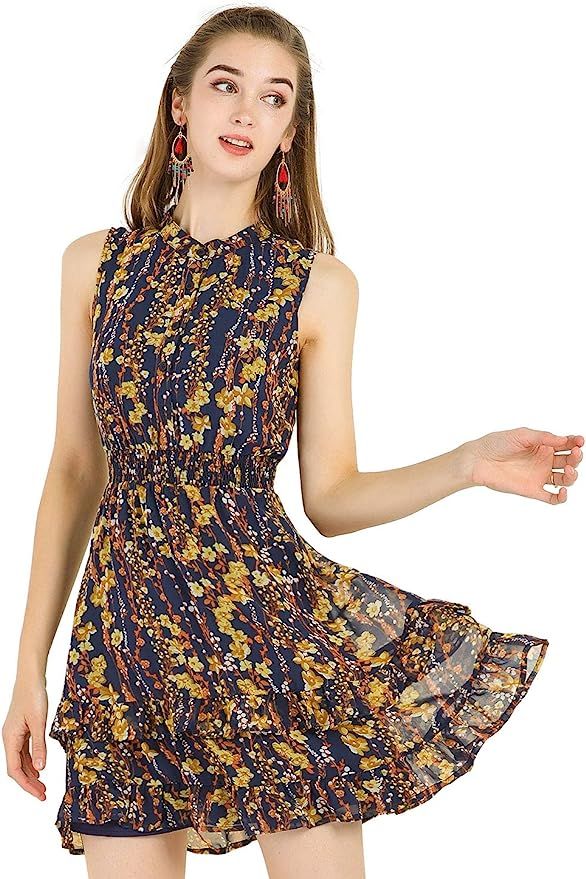Allegra K Women's Floral A-line Smocked Waist Tiered Ruffled Chiffon Mini Dress | Amazon (US)