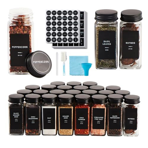 Skiileor 25 Pcs Spice Jars with Label- Glass Spice Jars with Black Metal Caps,Shaker Lids, Funnel, Chalk Pen, Brush,Cleaning Cloth 4oz Seasoning Containers Bottles for Spice Rack, Cabinet, Drawer | Amazon (US)