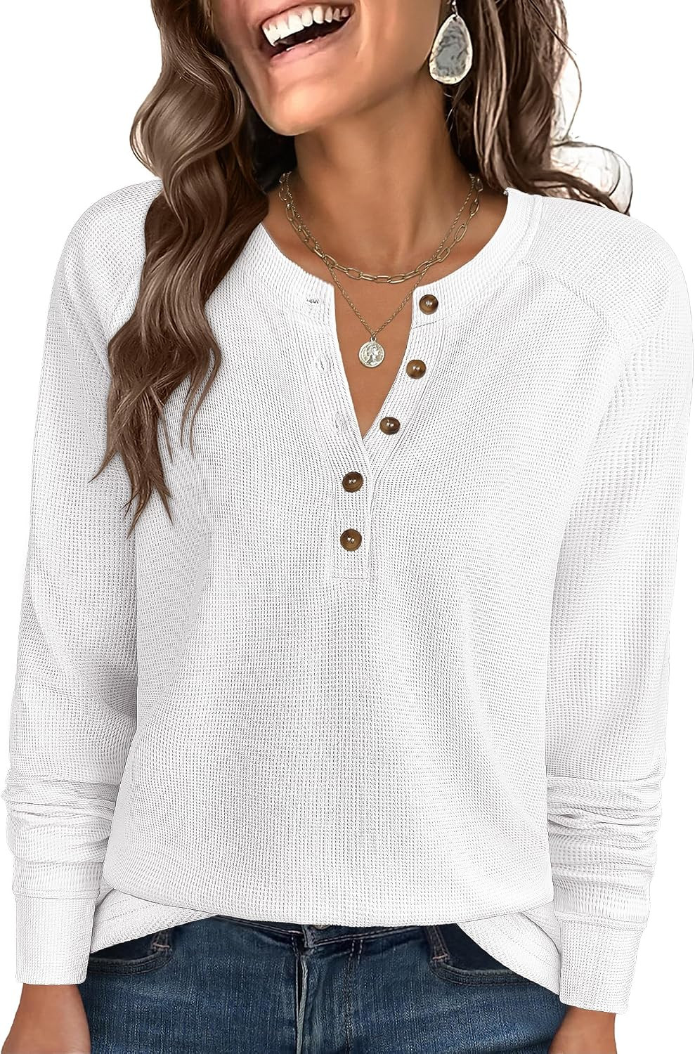 ANRABESS Women's Waffle Knit Henley Top Long Sleeve Shirts | Amazon (US)