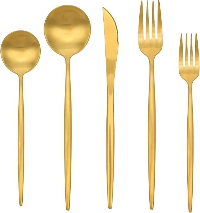 Gold Silverware Set, 20-Piece Satin Finish Stainless Steel Flatware Set Forks And Spoons, Kitchen... | Amazon (US)
