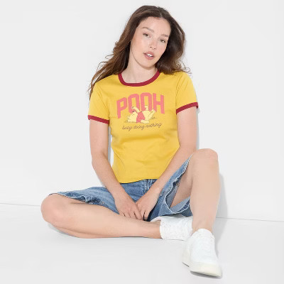 Women's Pooh Ringer Short Sleeve Graphic Baby T-Shirt - Dark Mustard Yellow | Target