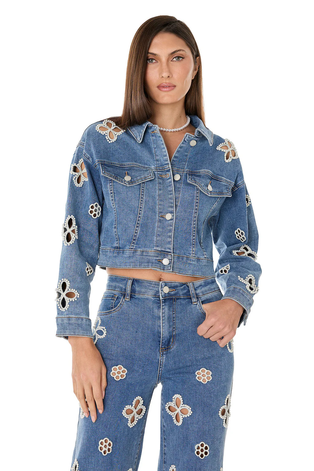 Kaia Pearl Jean Jacket - Medium Blue | The Noli Shop
