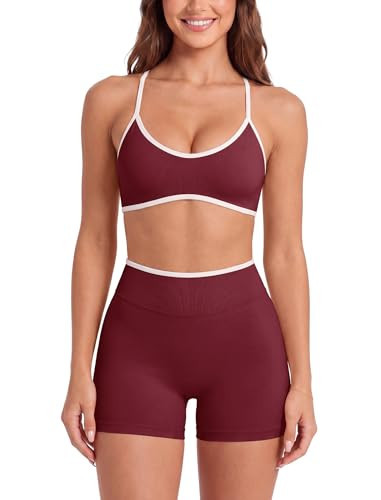 ABOCIW Workout Sets for Women Color Block Sports Bra Tummy Control Scrunch Butt Lifting High Waist Shorts 2 Piece Gym Yoga Pilates Outfits Athletic Work Out Clothes Burgendy Red X-Large | Amazon (US)