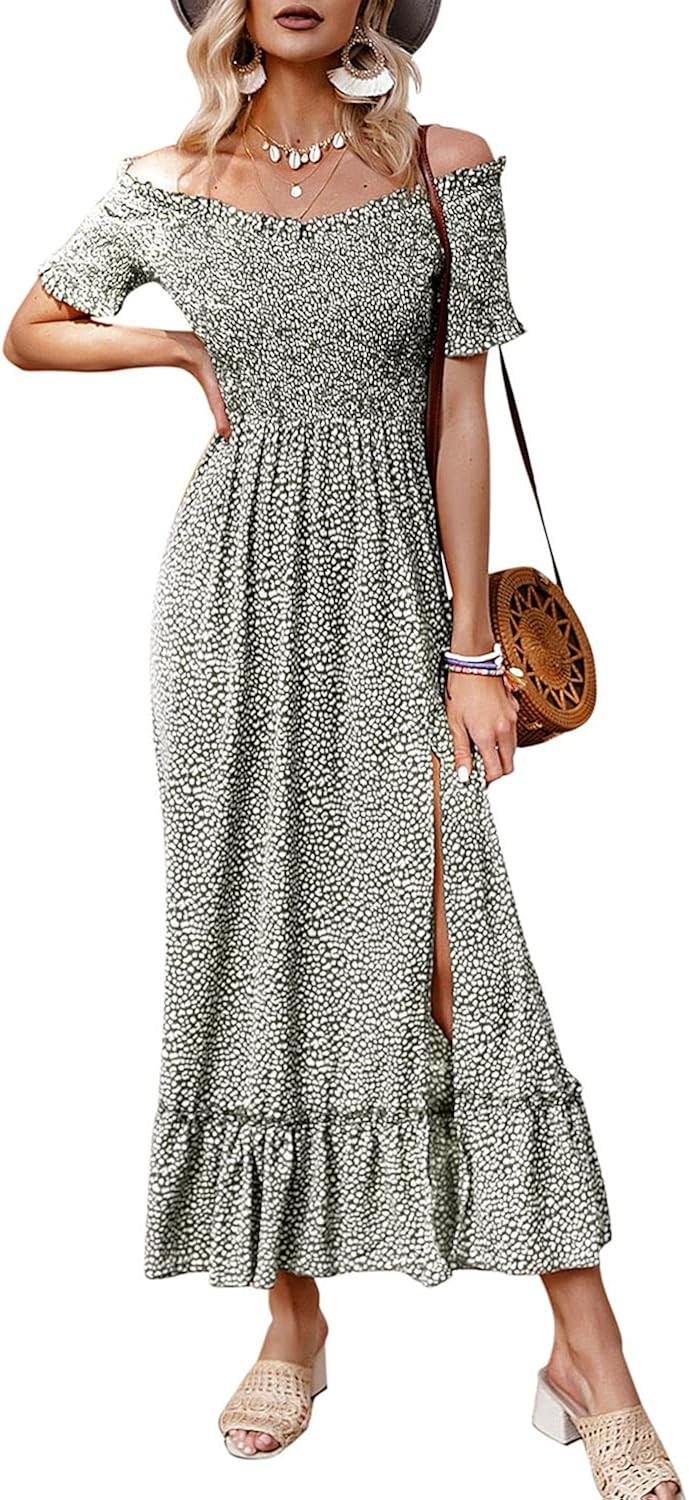 Miessial Women's Polka Dot Off Shoulder Long Dress Cute Summer Split Maxi Dress | Amazon (US)