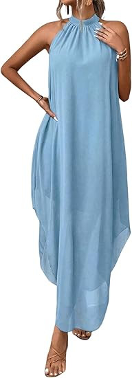 Verdusa Women's Wedding Guest Dress Halter Flowy Chiffon Asymmetrical Long Summer Prom Dress | Amazon (US)