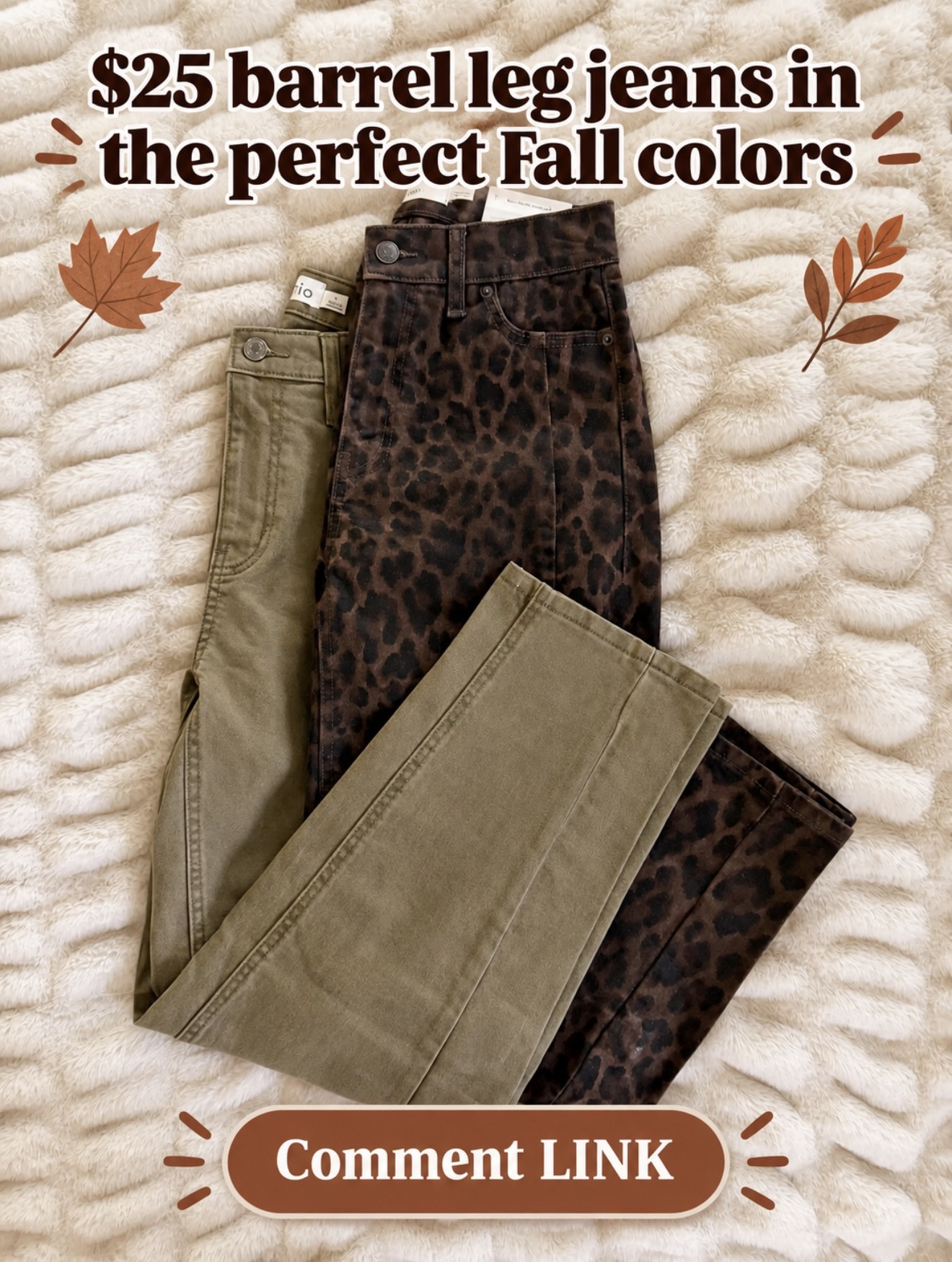 $25 barrel-leg jeans in the BEST fall colors! The olive is so easy to wear, and that leopard pair is such a fun statement. 😍

Comment LINK and I’ll send them to you! 🔗⬇️

#LTKOver40 #LTKSeasonal #LTKmomlife