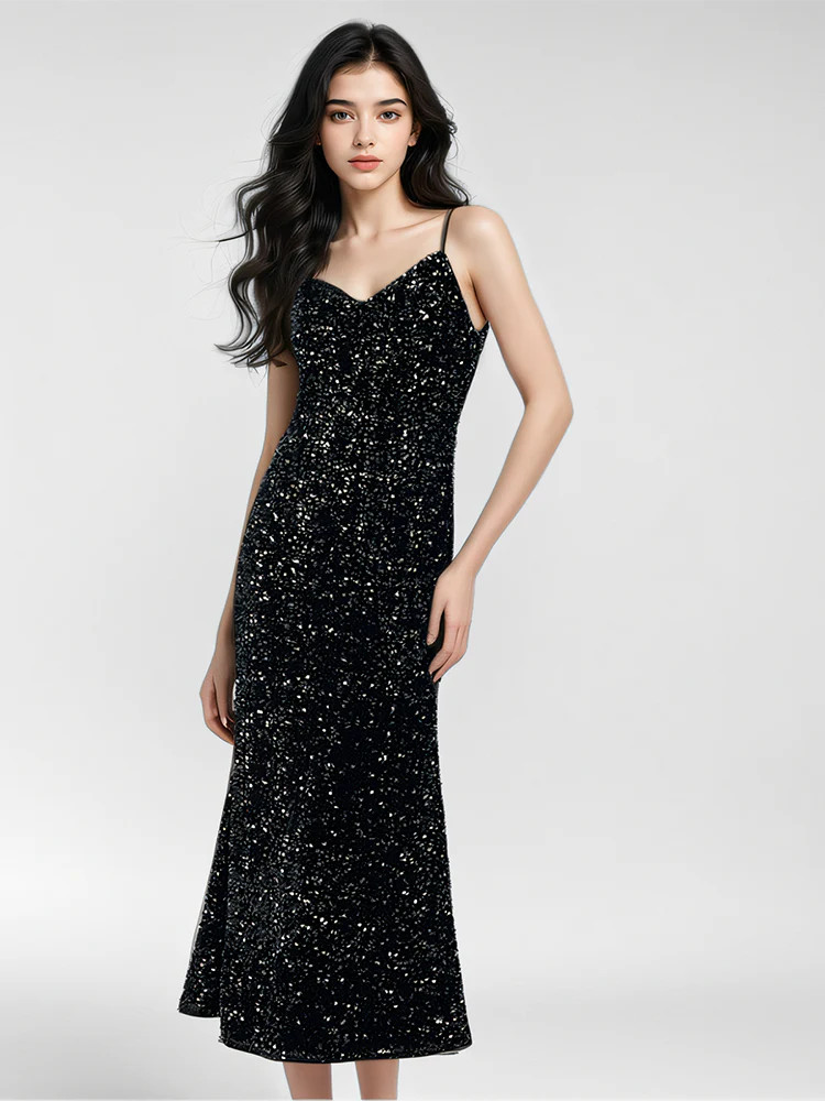 Vestido Midi de Tirantes para Mujeres con Lentejuelas de Terciopelo | GOELIA