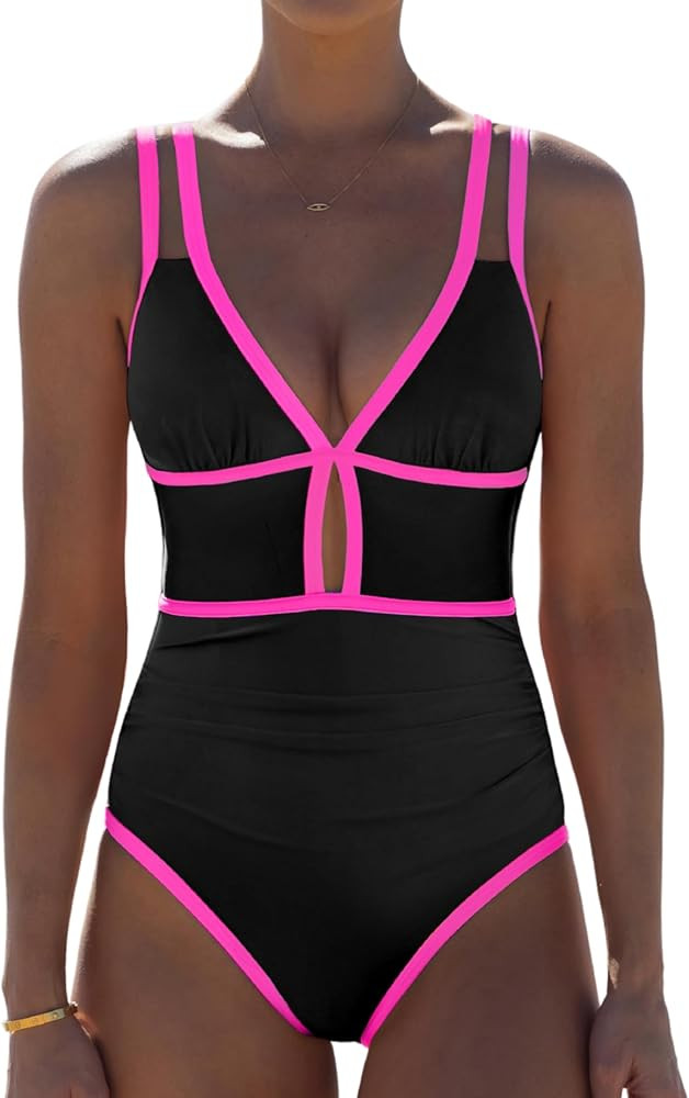 popvil Women One Piece Swimsuit 2026 Tummy Control Sexy Cutout Neon Color Block Bathing Suit Slim... | Amazon (US)