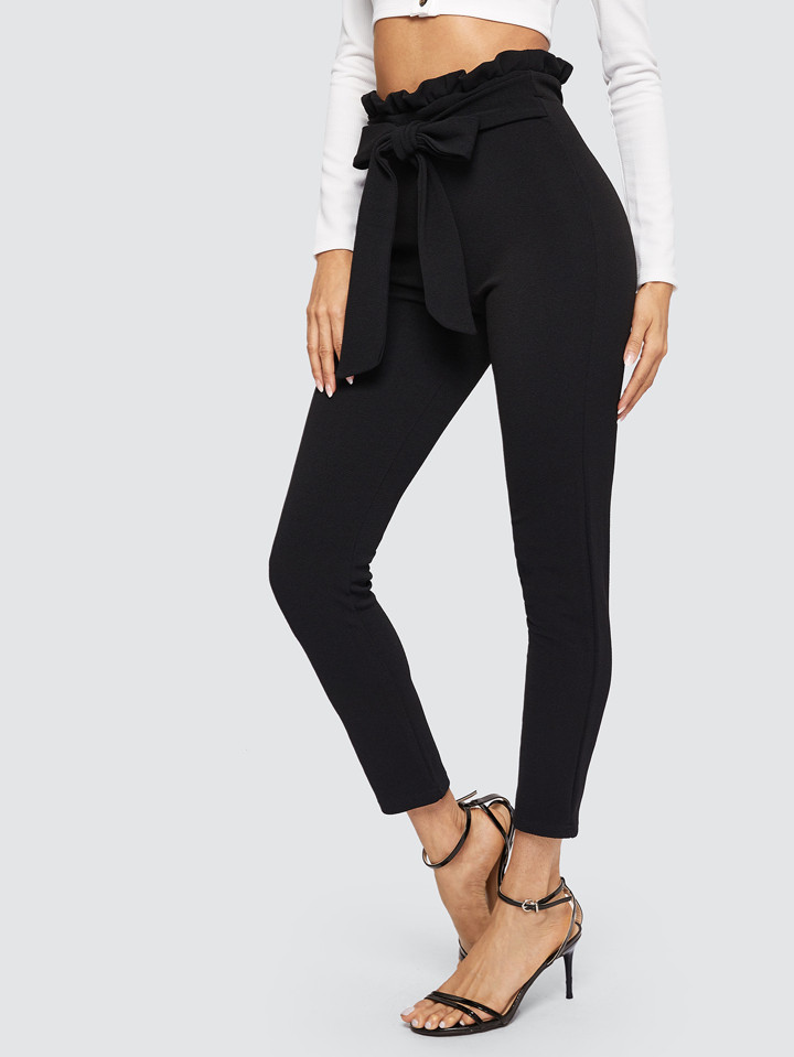 SHEIN Privé Belted Paperbag Waist Skinny Black Pants | SHEIN
