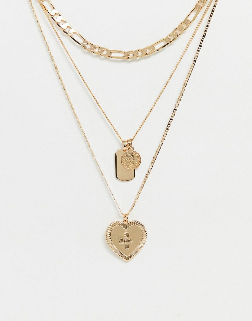 ASOS DESIGN multirow necklace with vintage style tag and engraved 'I LOVE YOU' heart pendants in gold tone - Gold | ASOS US