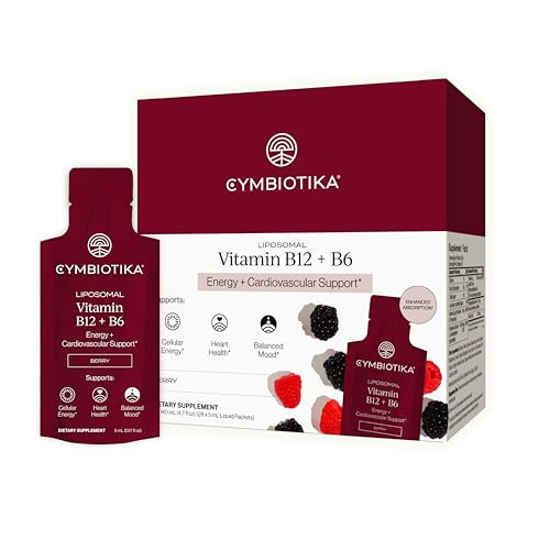CYMBIOTIKA Liposomal Vitamin B12 + B6 Liquid Supplement, Cellular Energy, Brain Health, Heart Health, + Nerve Function Support, Enhanced Absorption, Gluten Free, Soy Free, Plant-Based, 28 5 mL Packets | Amazon (US)