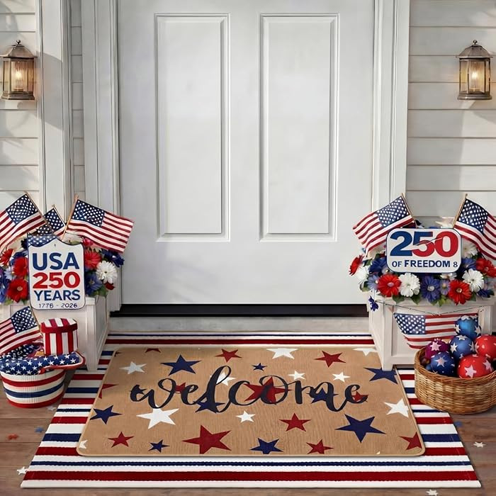 Tinideya 2 Pcs 4th of July Patriotic Door Mat Outdoor Memorial Day Welcome Front Door Mat Layered... | Amazon (US)