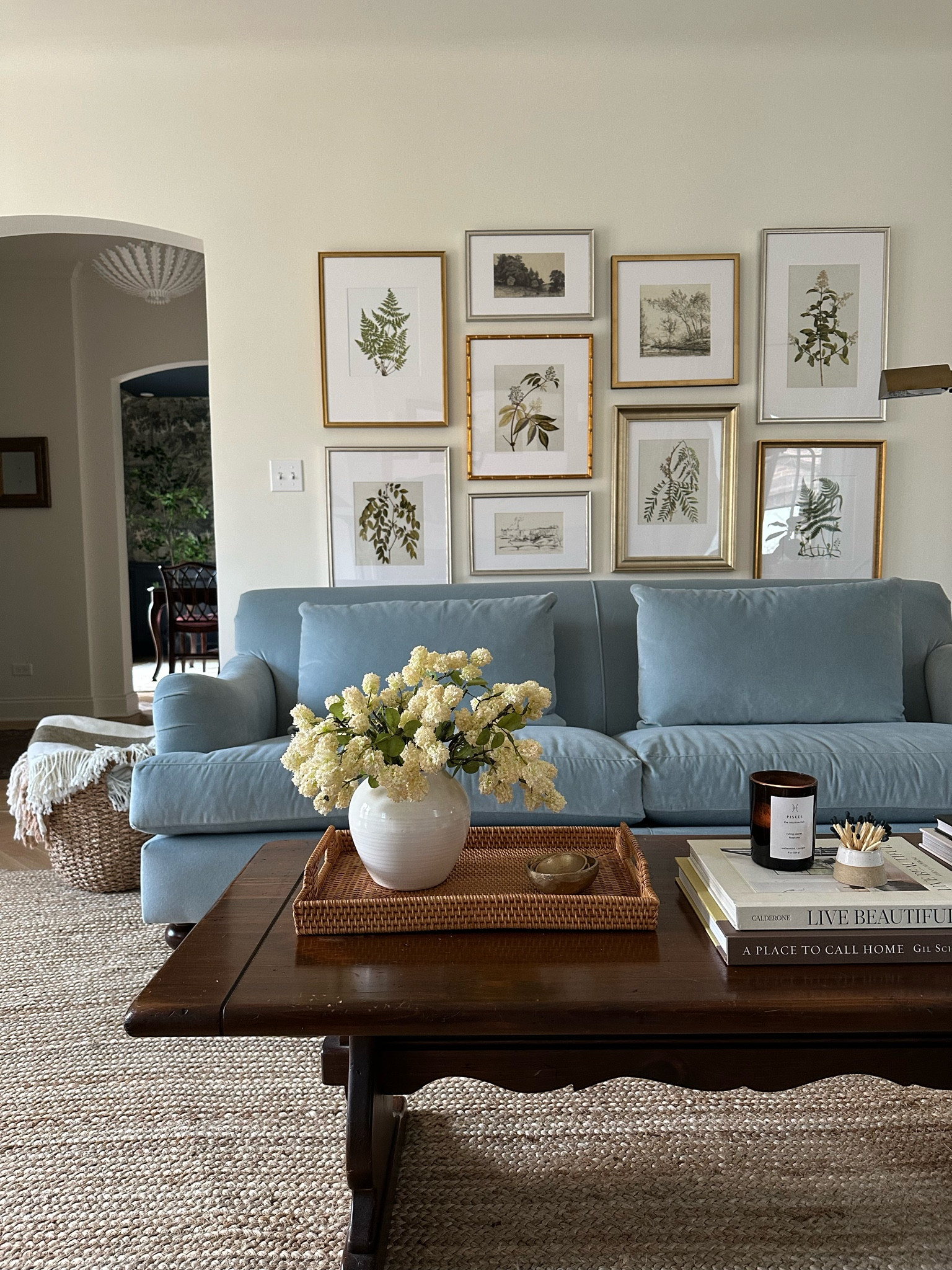 living room details, traditional living room, velvet sofa, coffee table decor 