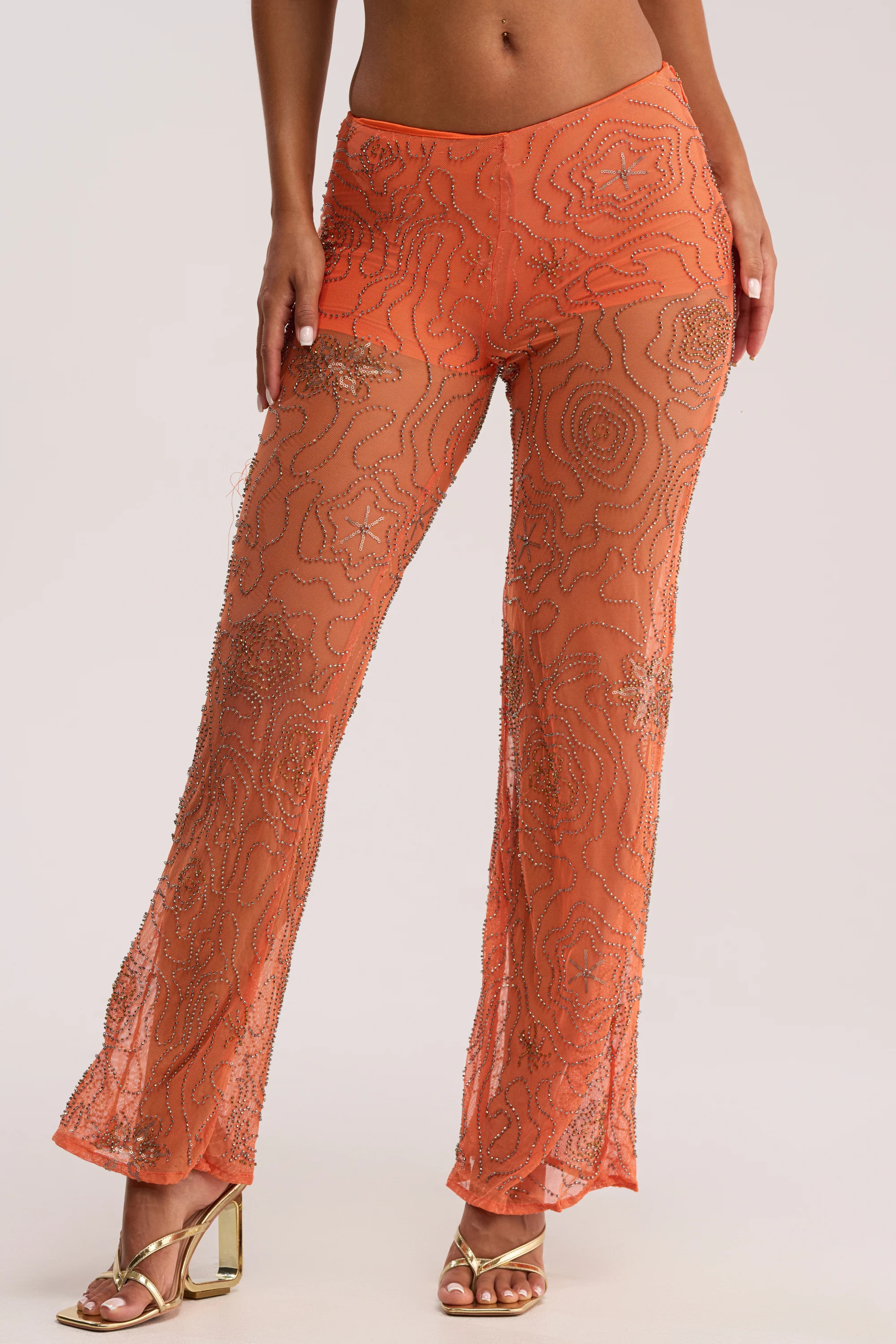 AKIRA Kate Embellished Mesh Pants In Orange | Size 1X | AKIRA