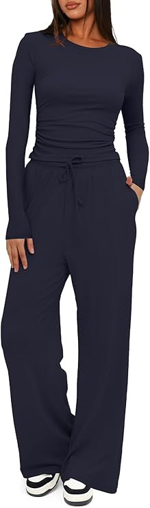 Darong Women's 2 Piece Outfits Lounge Sets 2025 Fall Long Sleeve Tops Wide Leg Pants Casual Match... | Amazon (US)