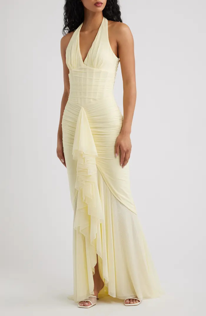 Carmine Ruched Mesh Halter Dress | Nordstrom